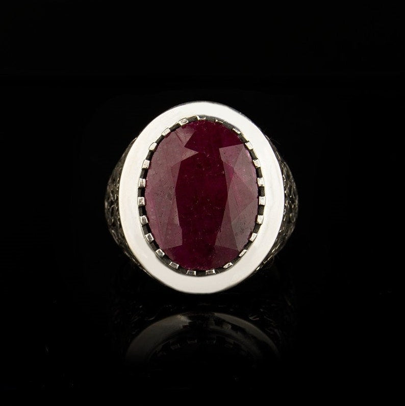 RARE PRINCE by CARAT SUTRA | Unique Designed Turkish Style Heavy Ring with Natural Red Ruby | 22kt Gold Micron Plated 925 Sterling Silver Oxidized Ring | Men's Jewelry | With Certificate of Authenticity and 925 Hallmark