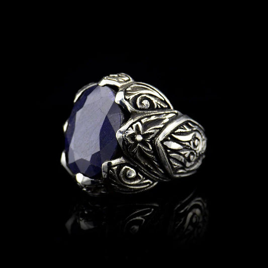 RARE PRINCE by CARAT SUTRA | Unique Turkish Style Ring with Blue S Sapphire | 925 Sterling Silver Oxidized Ring | Men's Jewelry | With Certificate of Authenticity and 925 Hallmark