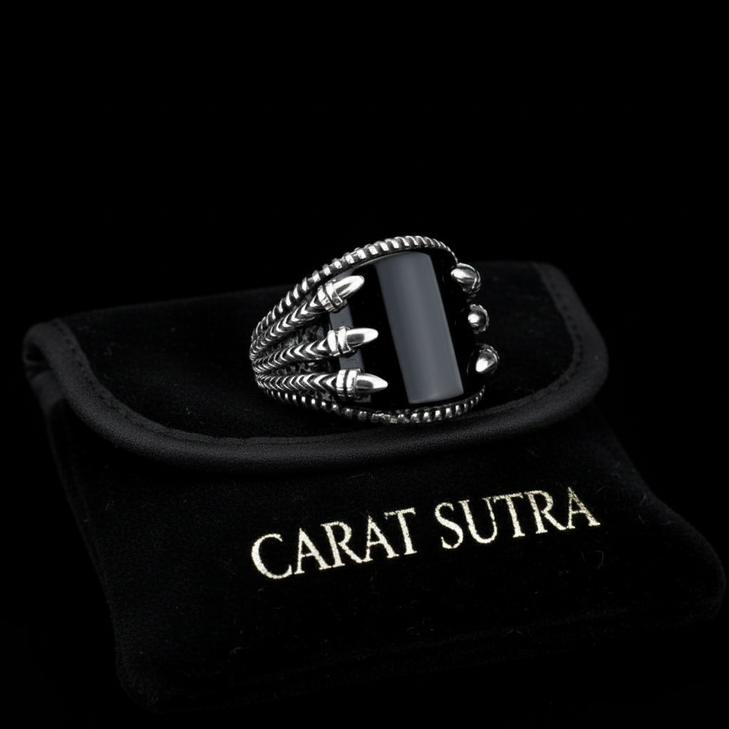 RARE PRINCE by CARAT SUTRA | Unique Designed Turkish Style Curved Ring with Natural Black Onyx | 925 Sterling Silver Ring | Men's Jewelry | With Certificate of Authenticity and 925 Hallmark