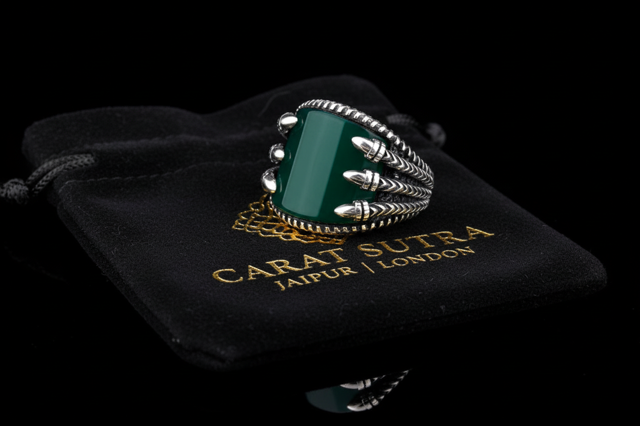 RARE PRINCE by CARAT SUTRA | Unique Turkish Style Curved Ring with Green Onyx | 925 Sterling Silver Oxidized Ring | Men's Jewelry | With Certificate of Authenticity and 925 Hallmark