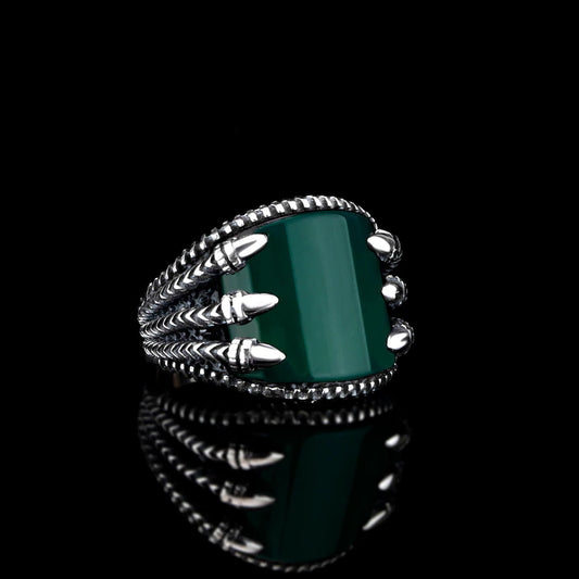 RARE PRINCE by CARAT SUTRA | Unique Turkish Style Curved Ring with Green Onyx | 925 Sterling Silver Oxidized Ring | Men's Jewelry | With Certificate of Authenticity and 925 Hallmark