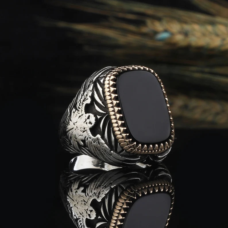 RARE PRINCE by CARAT SUTRA | Unique  Eagle Designed Turkish Style Ring with Natural Black Onyx | Black Rhodium & Gold Plated 925 Sterling Silver Ring | Men's Jewelry | With Certificate of Authenticity and 925 Hallmark