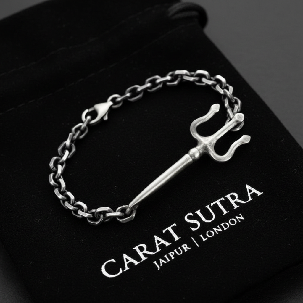 RARE PRINCE by CARAT SUTRA | Unique Trishul Symbol Bracelet For Men | 925 Sterling Silver Oxidized Bracelet | Men's Jewelry | With Certificate of Authenticity and 925 Hallmark