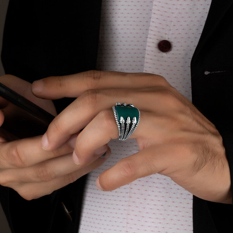 RARE PRINCE by CARAT SUTRA | Unique Turkish Style Curved Ring with Green Onyx | 925 Sterling Silver Oxidized Ring | Men's Jewelry | With Certificate of Authenticity and 925 Hallmark