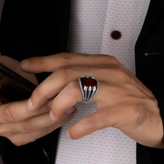 RARE PRINCE by CARAT SUTRA | Unique Designed Turkish Style Curved Ring with Natural Gomed | 925 Sterling Silver Ring | Men's Jewelry | With Certificate of Authenticity and 925 Hallmark