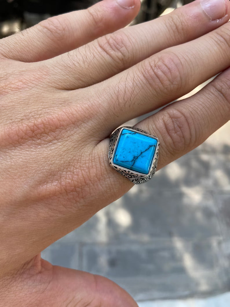 RARE PRINCE by CARAT SUTRA | Unique Designed Turkish Style Ring with Natural Blue Turquoise | 925 Sterling Silver Oxidized Ring | Men's Jewelry | With Certificate of Authenticity and 925 Hallmark