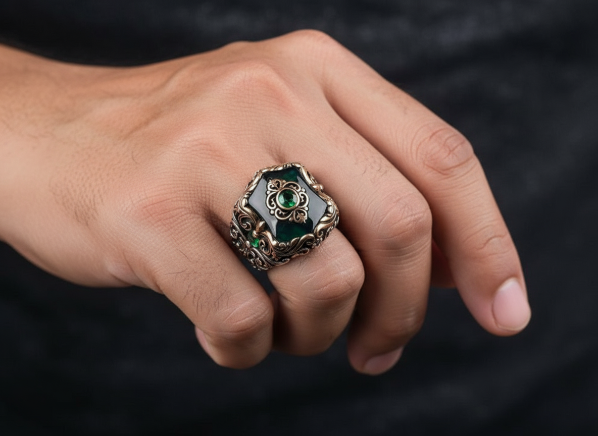 RARE PRINCE by CARAT SUTRA | Unique Turkish Style Ring with Green Onyx | 925 Sterling Silver Oxidized Ring | Men's Jewelry | With Certificate of Authenticity and 925 Hallmark - caratsutra