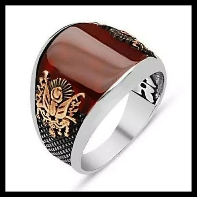 RARE PRINCE by CARAT SUTRA | Unique Turkish Style Curved Ring with Red Agate | 925 Sterling Silver Oxidized Ring | Men's Jewelry | With Certificate of Authenticity and 925 Hallmark