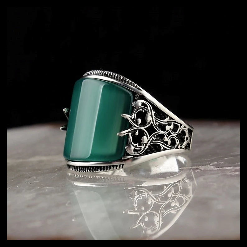 RARE PRINCE by CARAT SUTRA | Unique Turkish Style Curved Ring with Green Onyx | 925 Sterling Silver Oxidized Ring | Men's Jewelry | With Certificate of Authenticity and 925 Hallmark