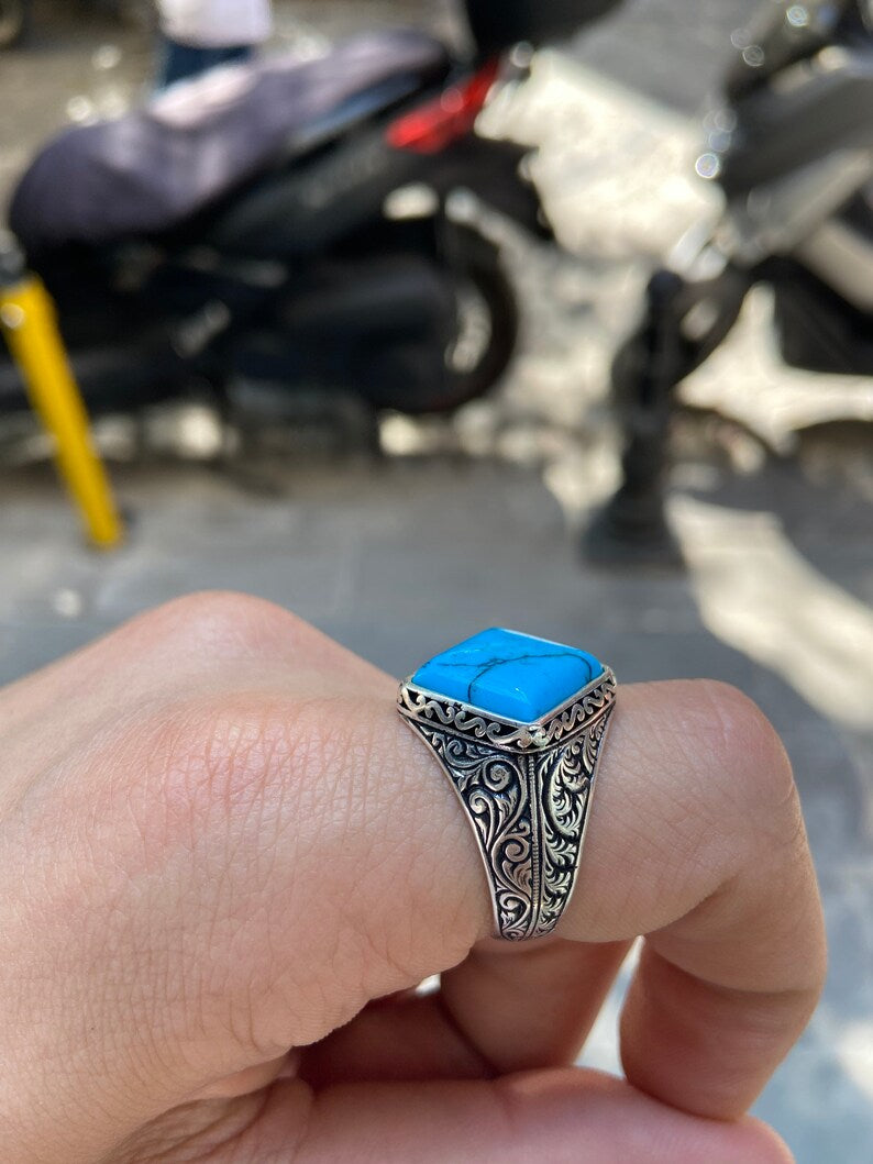 RARE PRINCE by CARAT SUTRA | Unique Designed Turkish Style Ring with Natural Blue Turquoise | 925 Sterling Silver Oxidized Ring | Men's Jewelry | With Certificate of Authenticity and 925 Hallmark