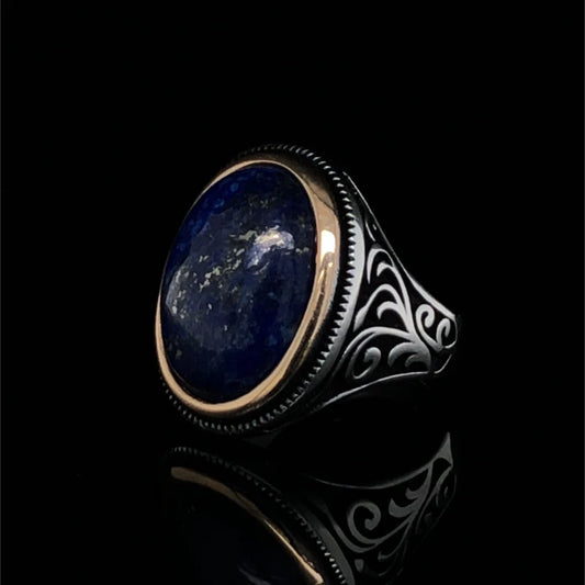 RARE PRINCE by CARAT SUTRA | Unique Turkish Style Ring with Natural Blue Lapis Lazuli | 925 Sterling Silver Oxidized Ring | Men's Jewelry | With Certificate of Authenticity and 925 Hallmark