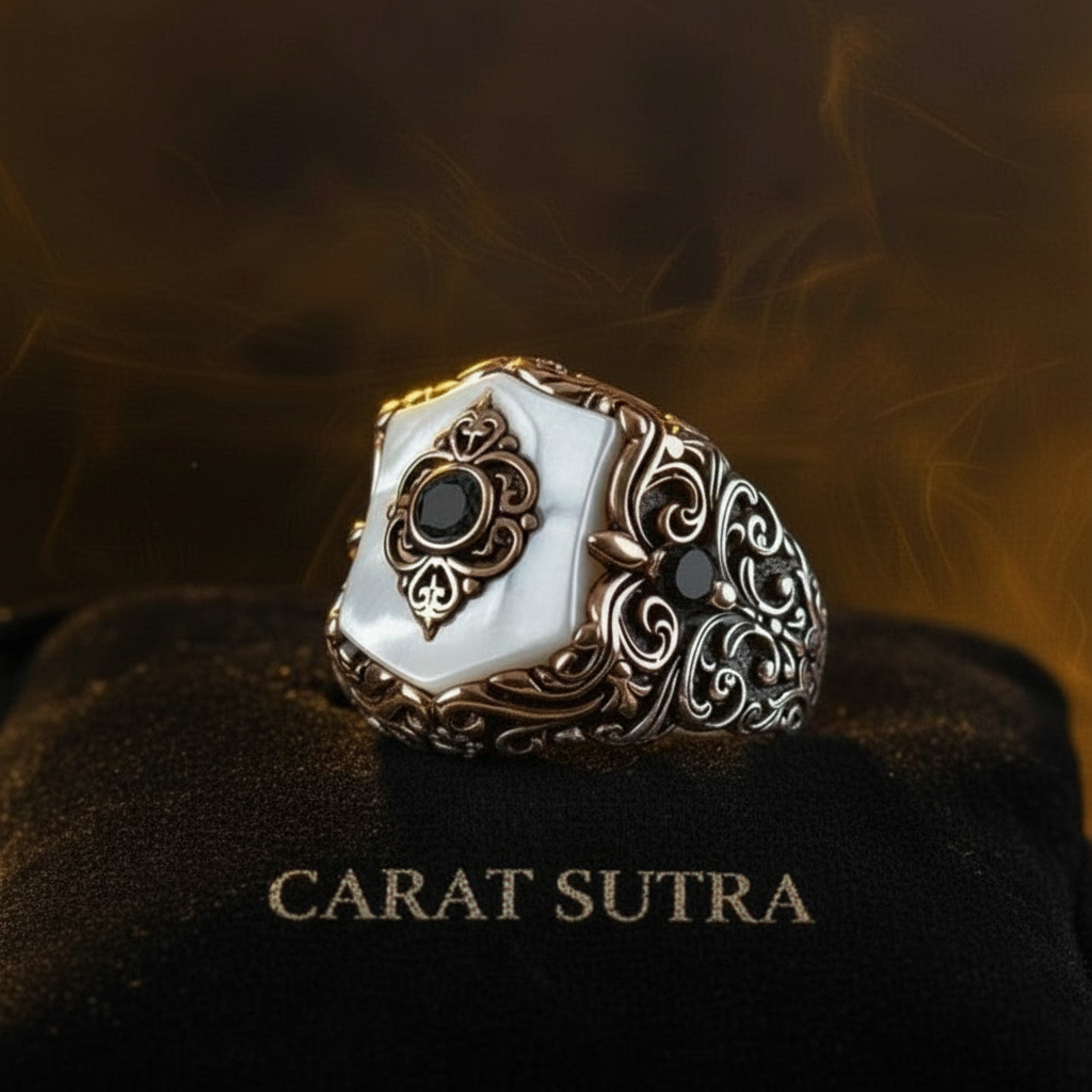 RARE PRINCE by CARAT SUTRA | Unique Turkish Style Ring with Natural Pearl | 925 Sterling Silver Oxidized Ring | Men's Jewelry | With Certificate of Authenticity and 925 Hallmark