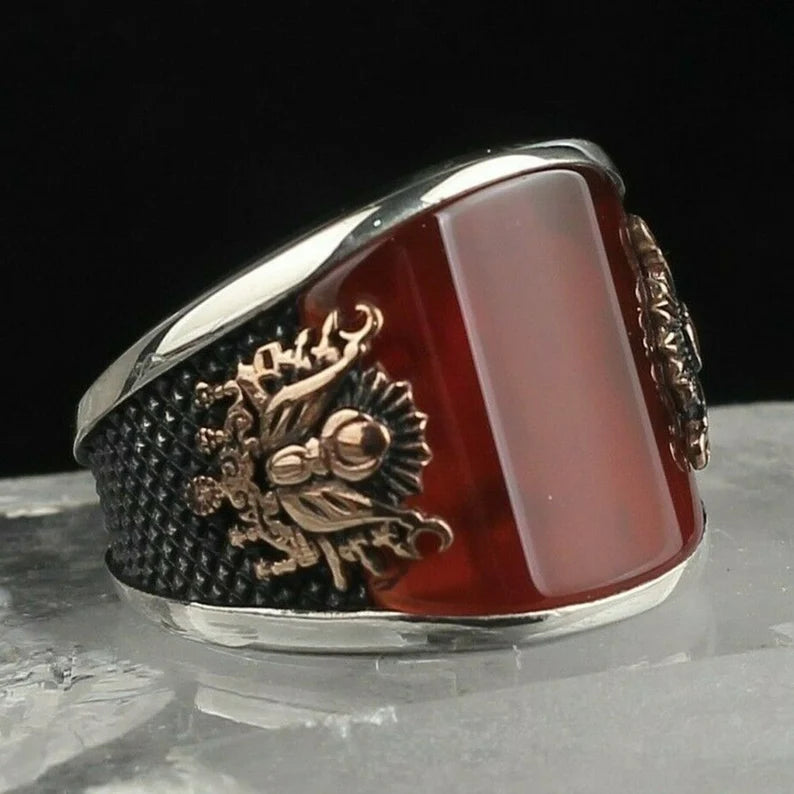 RARE PRINCE by CARAT SUTRA | Unique Turkish Style Curved Ring with Red Agate | 925 Sterling Silver Oxidized Ring | Men's Jewelry | With Certificate of Authenticity and 925 Hallmark