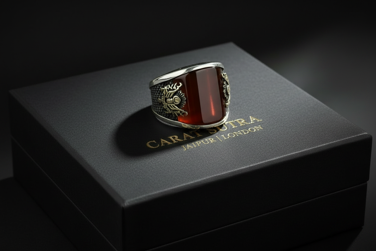 RARE PRINCE by CARAT SUTRA | Unique Turkish Style Curved Ring with Red Agate | 925 Sterling Silver Oxidized Ring | Men's Jewelry | With Certificate of Authenticity and 925 Hallmark - caratsutra
