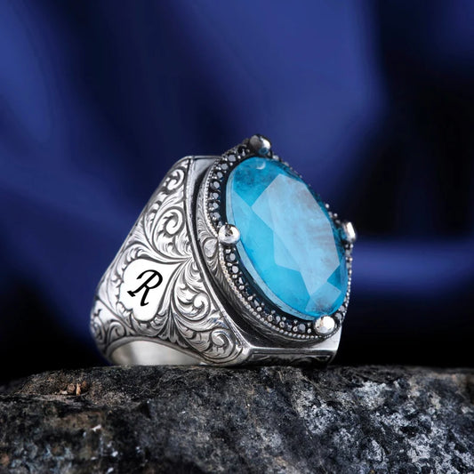 RARE PRINCE by CARAT SUTRA | Exclusively Designed Ring with Blue Topaz | 925 Sterling Silver Oxidized Ring | Men's Jewelry | With Certificate of Authenticity and 925 Hallmark