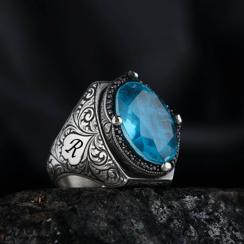RARE PRINCE by CARAT SUTRA | Exclusively Designed Ring with Blue Topaz | 925 Sterling Silver Oxidized Ring | Men's Jewelry | With Certificate of Authenticity and 925 Hallmark