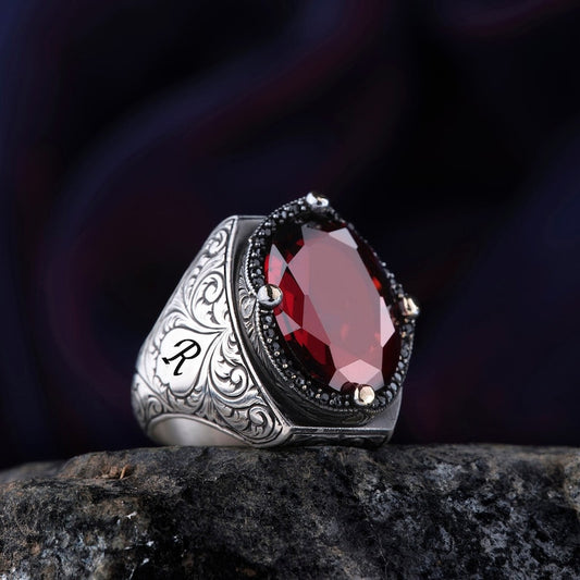 RARE PRINCE by CARAT SUTRA | Unique Custom Name Style Ring with Natural Gomed | 925 Sterling Silver Oxidized Ring | Men's Jewelry | With Certificate of Authenticity and 925 Hallmark