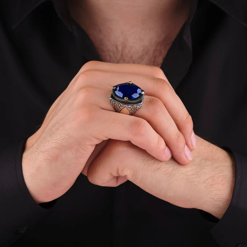 RARE PRINCE by CARAT SUTRA | Unique Turkish Style Ring with Blue S Sapphire | 925 Sterling Silver Oxidized Ring | Men's Jewelry | With Certificate of Authenticity and 925 Hallmark