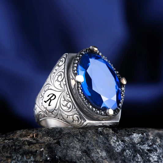 RARE PRINCE by CARAT SUTRA | Unique Turkish Style Ring with Blue S Sapphire | 925 Sterling Silver Oxidized Ring | Men's Jewelry | With Certificate of Authenticity and 925 Hallmark