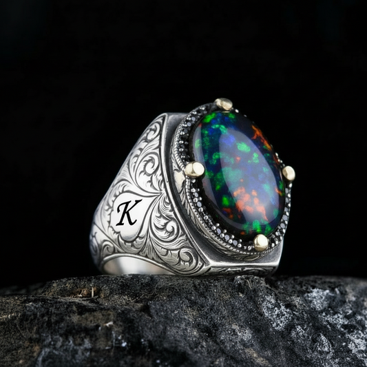 Unique Designed Turkish Style Ring with 12ct Natural Fire Black Opal | 925 Sterling Silver Oxidized Ring | With Certificate of Authenticity and 925 Hallmark