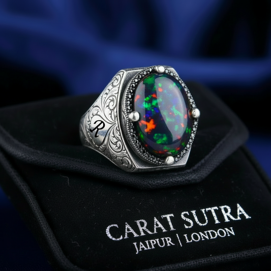 Unique Designed Turkish Style Ring with 12ct Natural Fire Black Opal | 925 Sterling Silver Oxidized Ring | With Certificate of Authenticity and 925 Hallmark
