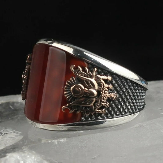RARE PRINCE by CARAT SUTRA | Unique Turkish Style Curved Ring with Red Agate | 925 Sterling Silver Oxidized Ring | Men's Jewelry | With Certificate of Authenticity and 925 Hallmark