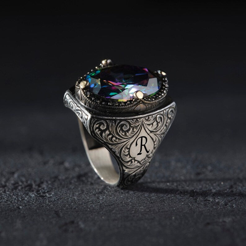 RARE PRINCE by CARAT SUTRA | Custom Name Initials Turkish Style Ring with Multicolored Alexandrite | 925 Sterling Silver Oxidized Ring | Men's Jewelry | With Certificate of Authenticity and 925 Hallmark