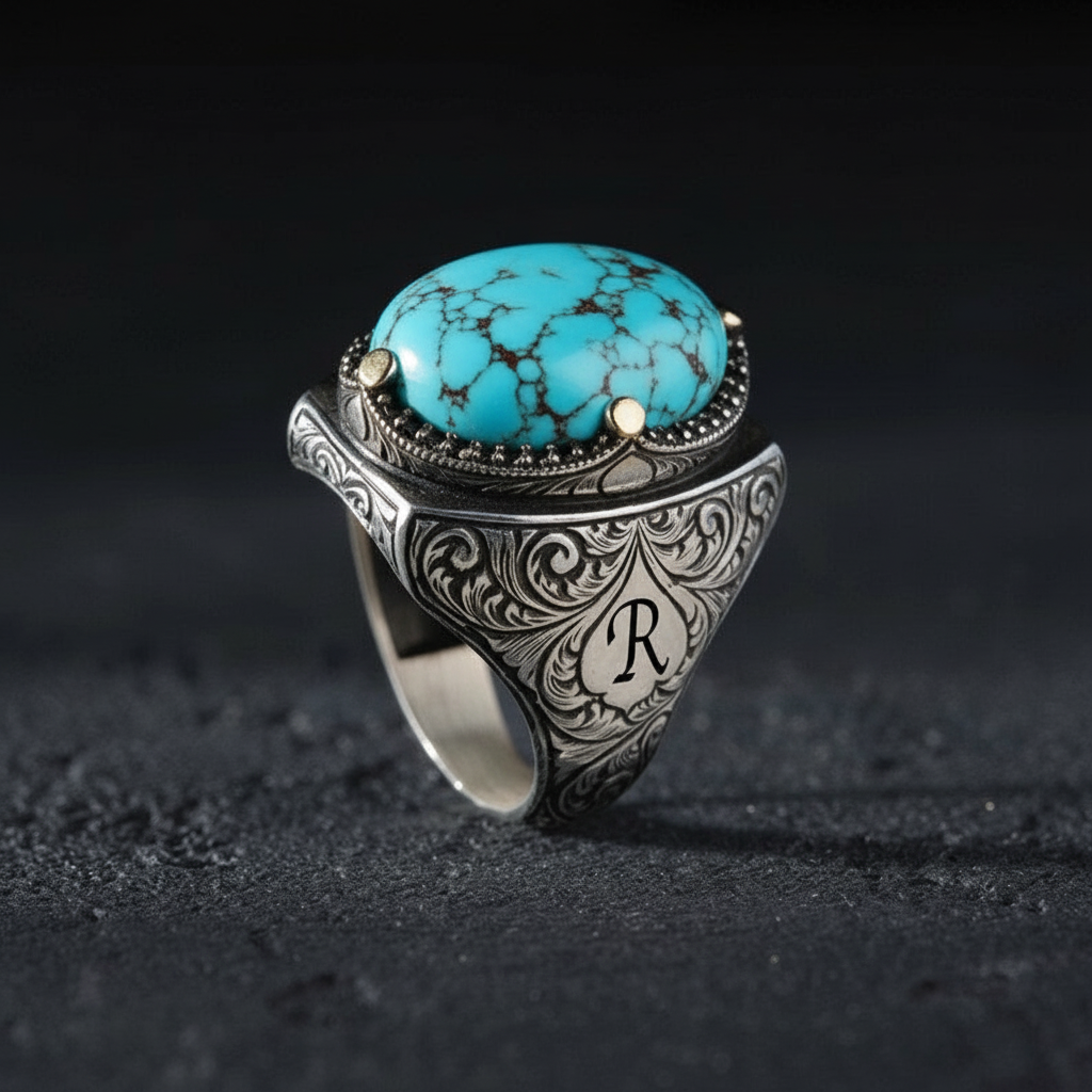 Turkish Style Ring with 15ct Natural Irani Origin Turquoise | 925 Sterling Silver Oxidized Ring |With Certificate of Authenticity and 925 Hallmark