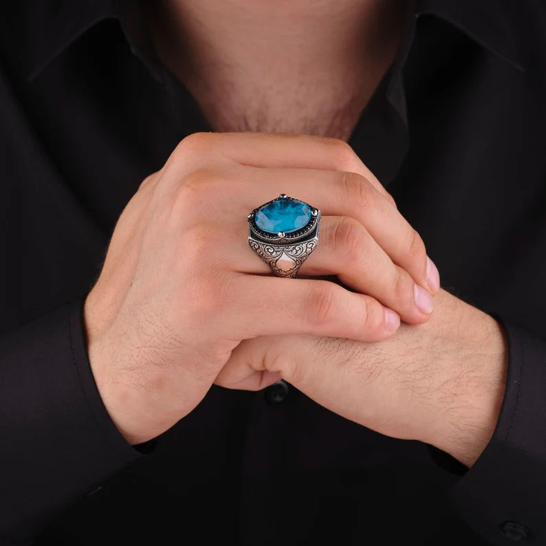 RARE PRINCE by CARAT SUTRA | Exclusively Designed Ring with Blue Topaz | 925 Sterling Silver Oxidized Ring | Men's Jewelry | With Certificate of Authenticity and 925 Hallmark