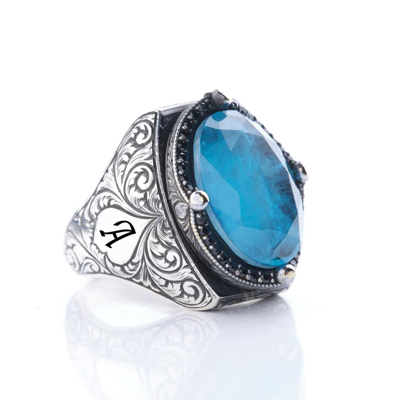 RARE PRINCE by CARAT SUTRA | Exclusively Designed Ring with Blue Topaz | 925 Sterling Silver Oxidized Ring | Men's Jewelry | With Certificate of Authenticity and 925 Hallmark