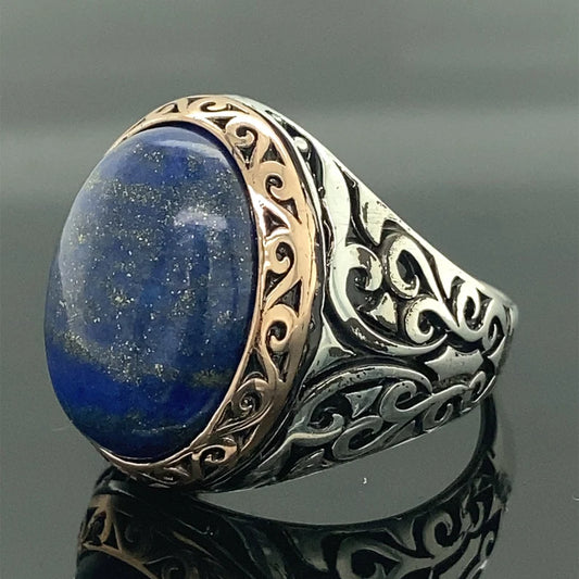 RARE PRINCE by CARAT SUTRA | Unique Turkish Style Ring with Natural Blue Lapis Lazuli | 925 Sterling Silver Oxidized Ring | Men's Jewelry | With Certificate of Authenticity and 925 Hallmark
