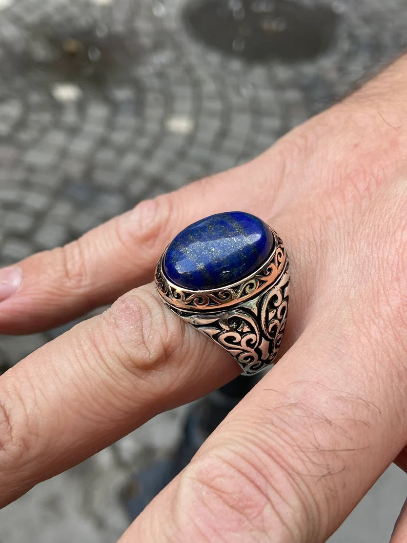 RARE PRINCE by CARAT SUTRA | Unique Turkish Style Ring with Natural Blue Lapis Lazuli | 925 Sterling Silver Oxidized Ring | Men's Jewelry | With Certificate of Authenticity and 925 Hallmark
