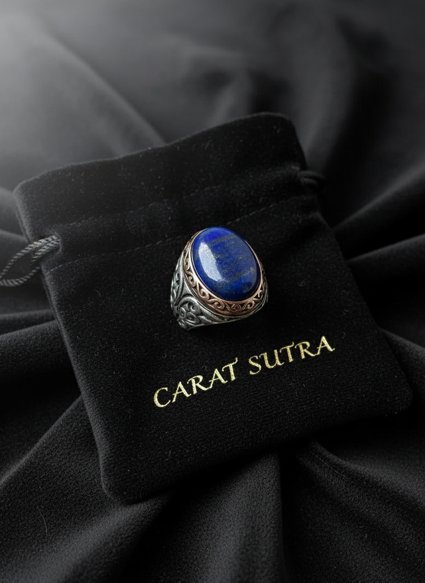 RARE PRINCE by CARAT SUTRA | Unique Turkish Style Ring with Natural Blue Lapis Lazuli | 925 Sterling Silver Oxidized Ring | Men's Jewelry | With Certificate of Authenticity and 925 Hallmark