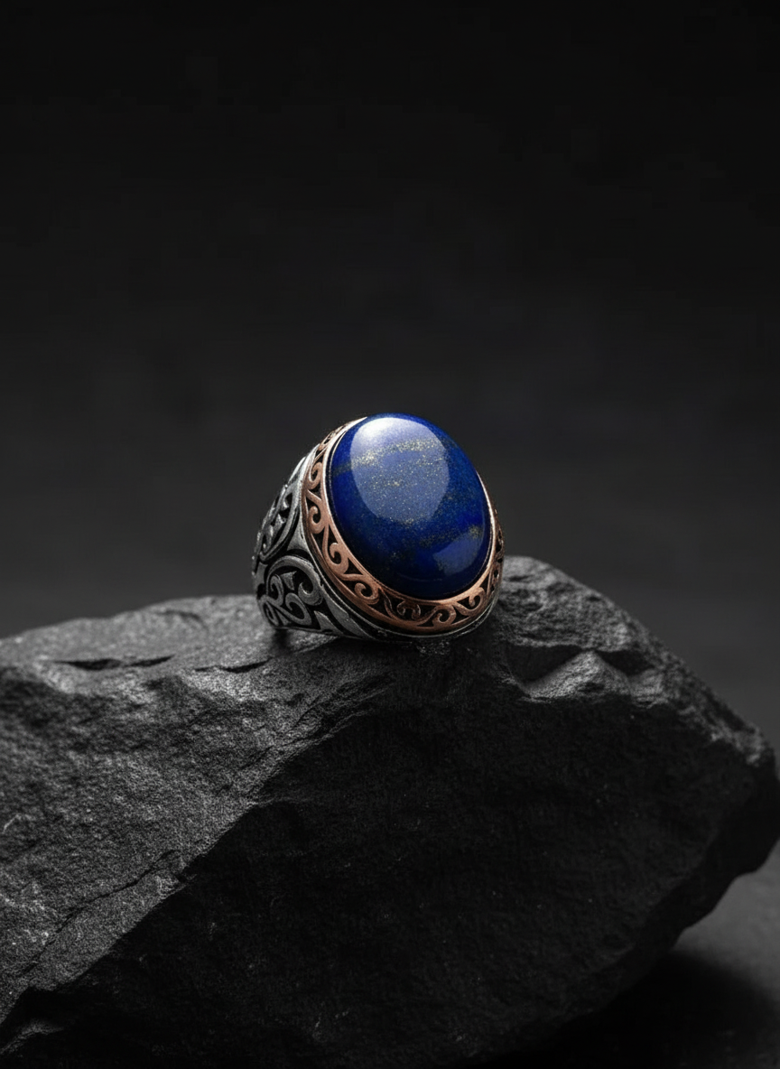 RARE PRINCE by CARAT SUTRA | Unique Turkish Style Ring with Natural Blue Lapis Lazuli | 925 Sterling Silver Oxidized Ring | Men's Jewelry | With Certificate of Authenticity and 925 Hallmark