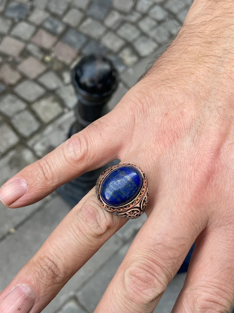 RARE PRINCE by CARAT SUTRA | Unique Turkish Style Ring with Natural Blue Lapis Lazuli | 925 Sterling Silver Oxidized Ring | Men's Jewelry | With Certificate of Authenticity and 925 Hallmark