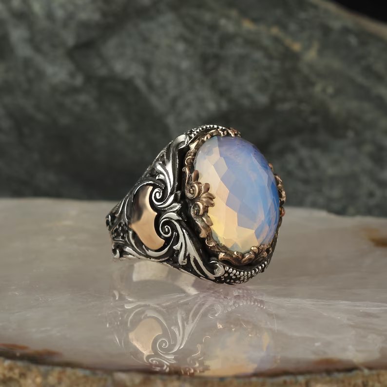 RARE PRINCE by CARAT SUTRA | Unique Designed Turkish Style Ring with Natural Rainbow Moonstone | 925 Sterling Silver Oxidized Ring | Men's Jewelry | With Certificate of Authenticity and 925 Hallmark