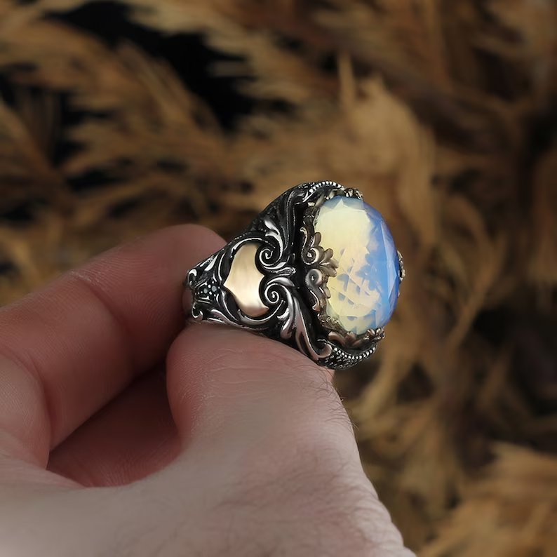 RARE PRINCE by CARAT SUTRA | Unique Designed Turkish Style Ring with Natural Rainbow Moonstone | 925 Sterling Silver Oxidized Ring | Men's Jewelry | With Certificate of Authenticity and 925 Hallmark