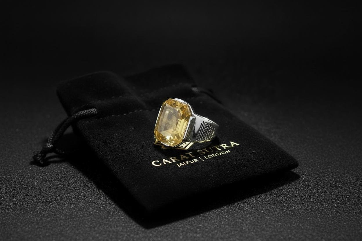Turkish Style Ring with Octagon Cut Natural Yellow Sapphire (Pukhraj) | 925 Sterling Silver Oxidized Ring |With Certificate of Authenticity and 925 Hallmark - caratsutra