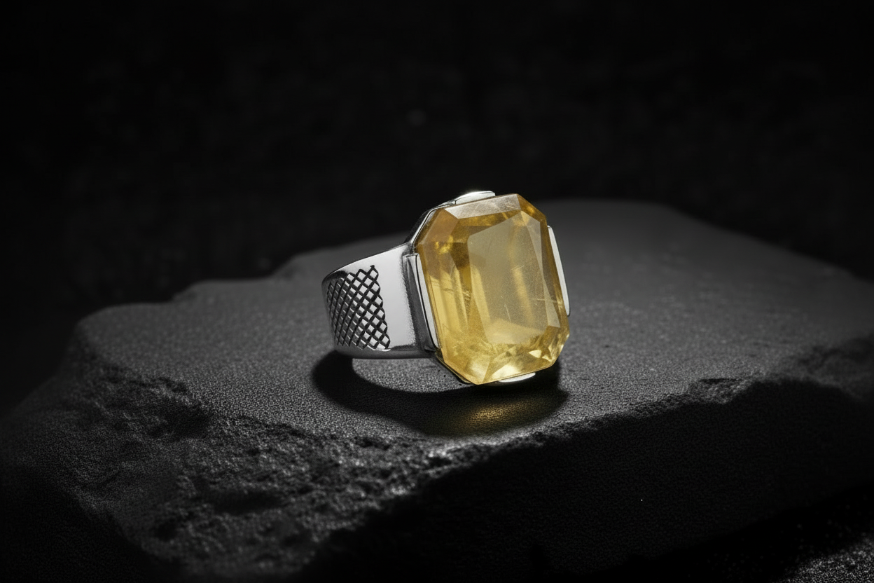 Turkish Style Ring with Octagon Cut Natural Yellow Sapphire (Pukhraj) | 925 Sterling Silver Oxidized Ring |With Certificate of Authenticity and 925 Hallmark - caratsutra