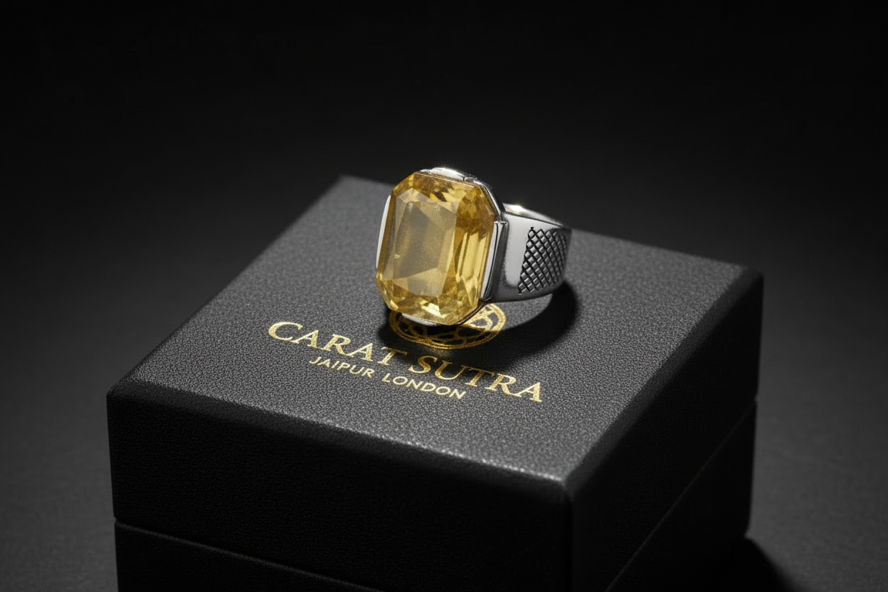 Turkish Style Ring with Octagon Cut Natural Yellow Sapphire (Pukhraj) | 925 Sterling Silver Oxidized Ring |With Certificate of Authenticity and 925 Hallmark - caratsutra
