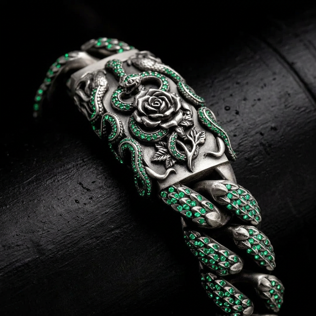 16mm Snake Chain Smart Watch Case & Strap studded with Original Emeralds | 925 Sterling Silver in Oxidised Finish with Hallmark