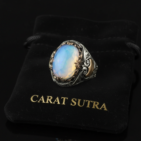RARE PRINCE by CARAT SUTRA | Unique Designed Turkish Style Ring with Natural Rainbow Moonstone | 925 Sterling Silver Oxidized Ring | Men's Jewelry | With Certificate of Authenticity and 925 Hallmark