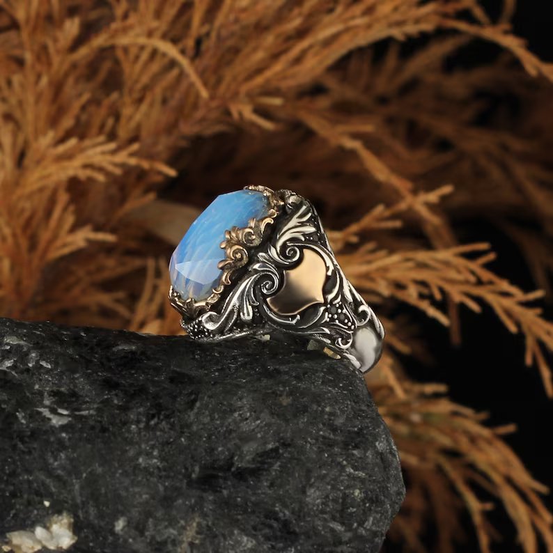 RARE PRINCE by CARAT SUTRA | Unique Designed Turkish Style Ring with Natural Rainbow Moonstone | 925 Sterling Silver Oxidized Ring | Men's Jewelry | With Certificate of Authenticity and 925 Hallmark