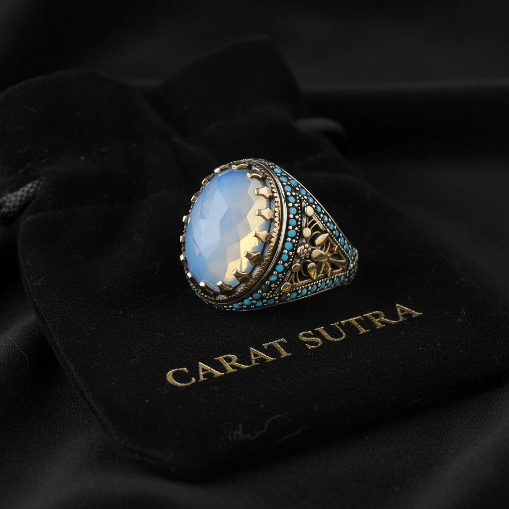 RARE PRINCE by CARAT SUTRA | Unique Designed Turkish Style Ring with Natural Rainbow Moonstone | 925 Sterling Silver Oxidized Ring | Men's Jewelry | With Certificate of Authenticity and 925 Hallmark