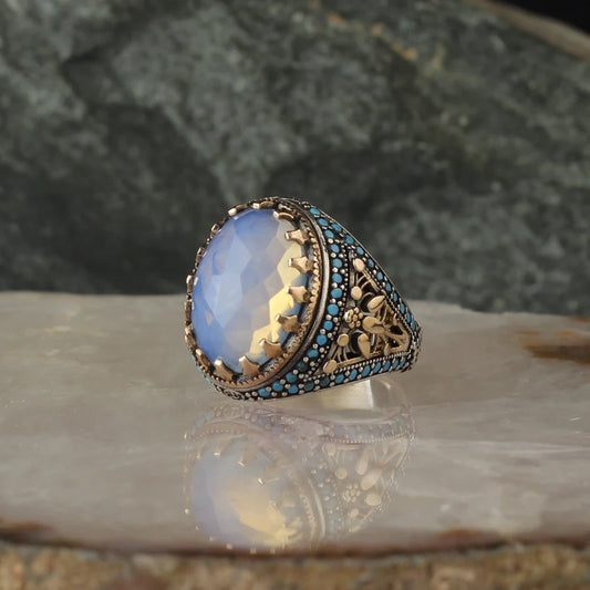 RARE PRINCE by CARAT SUTRA | Unique Designed Turkish Style Ring with Natural Rainbow Moonstone | 925 Sterling Silver Oxidized Ring | Men's Jewelry | With Certificate of Authenticity and 925 Hallmark