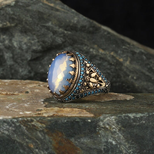 RARE PRINCE by CARAT SUTRA | Unique Designed Turkish Style Ring with Natural Rainbow Moonstone | 925 Sterling Silver Oxidized Ring | Men's Jewelry | With Certificate of Authenticity and 925 Hallmark