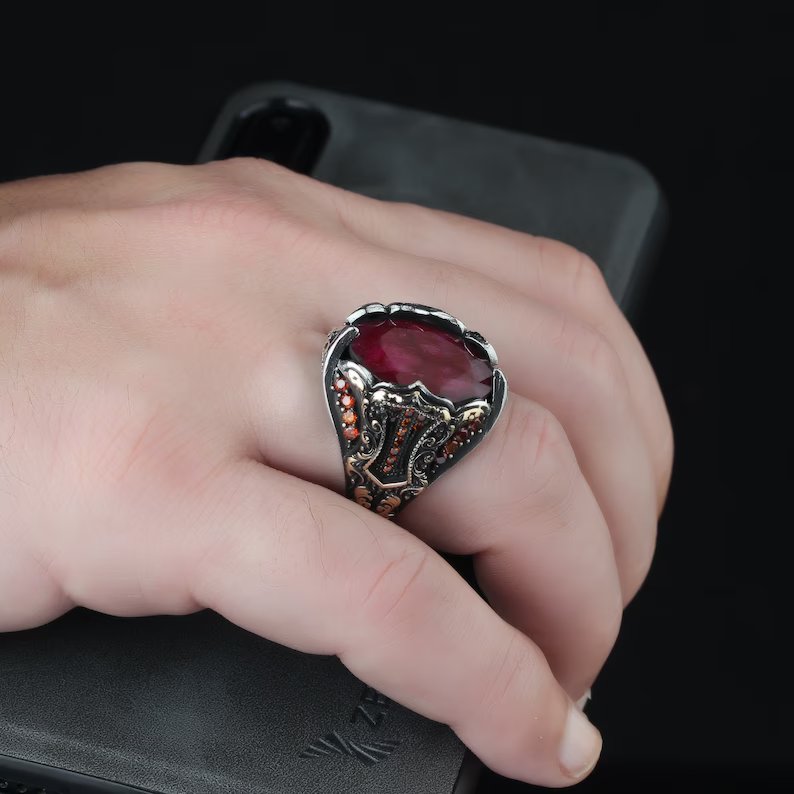 RARE PRINCE by CARAT SUTRA | Unique Designed Turkish Style Heavy Ring with Natural Red Ruby | 22kt Gold Micron Plated 925 Sterling Silver Oxidized Ring | Men's Jewelry | With Certificate of Authenticity and 925 Hallmark