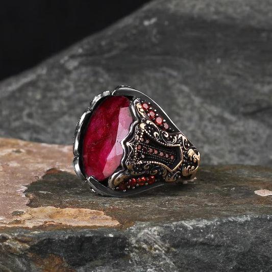 RARE PRINCE by CARAT SUTRA | Unique Designed Turkish Style Heavy Ring with Natural Red Ruby | 22kt Gold Micron Plated 925 Sterling Silver Oxidized Ring | Men's Jewelry | With Certificate of Authenticity and 925 Hallmark