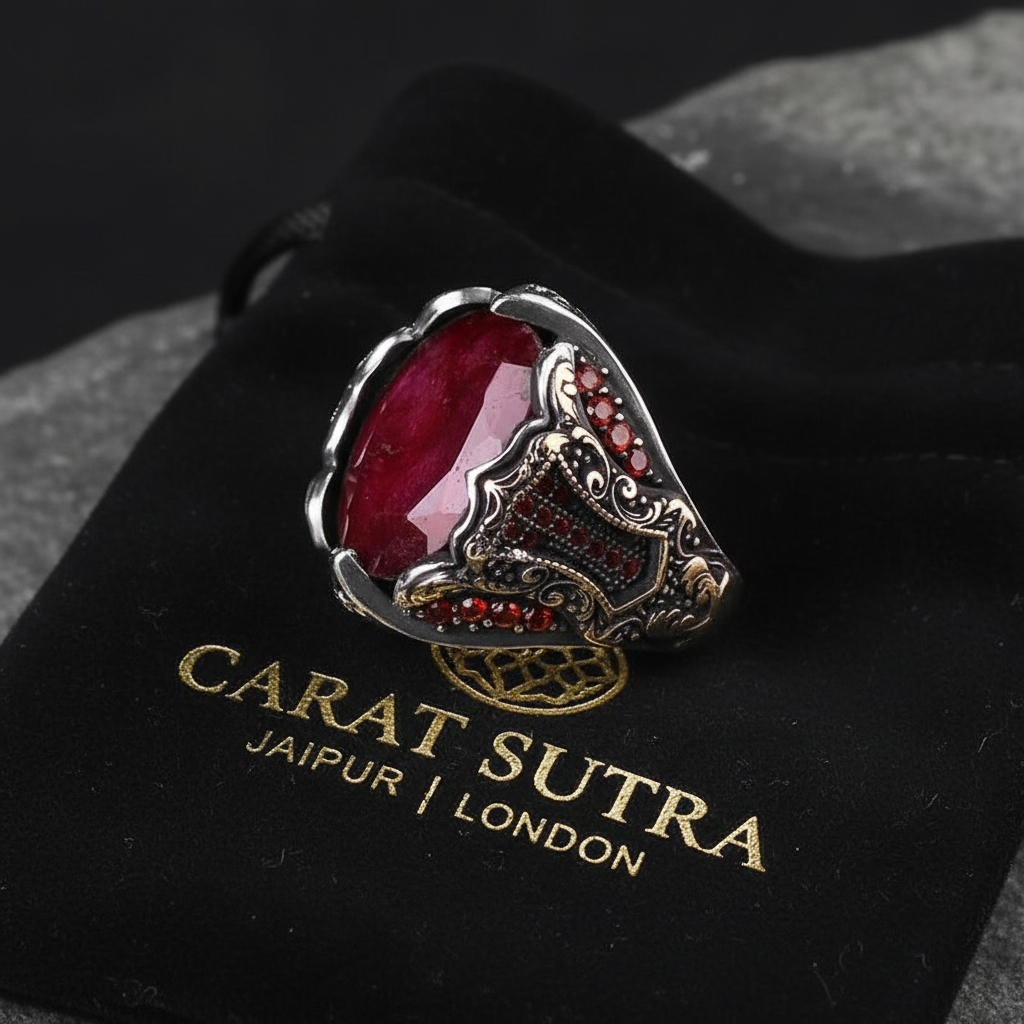 RARE PRINCE by CARAT SUTRA | Unique Designed Turkish Style Heavy Ring with Natural Red Ruby | 22kt Gold Micron Plated 925 Sterling Silver Oxidized Ring | Men's Jewelry | With Certificate of Authenticity and 925 Hallmark - caratsutra