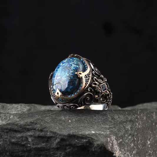 RARE PRINCE by CARAT SUTRA | Unique Designed Turkish Style Ring with Natural IraniTurquoise (Firoza) | 925 Sterling Silver Oxidized Ring | Men's Jewelry | With Certificate of Authenticity and 925 Hallmark